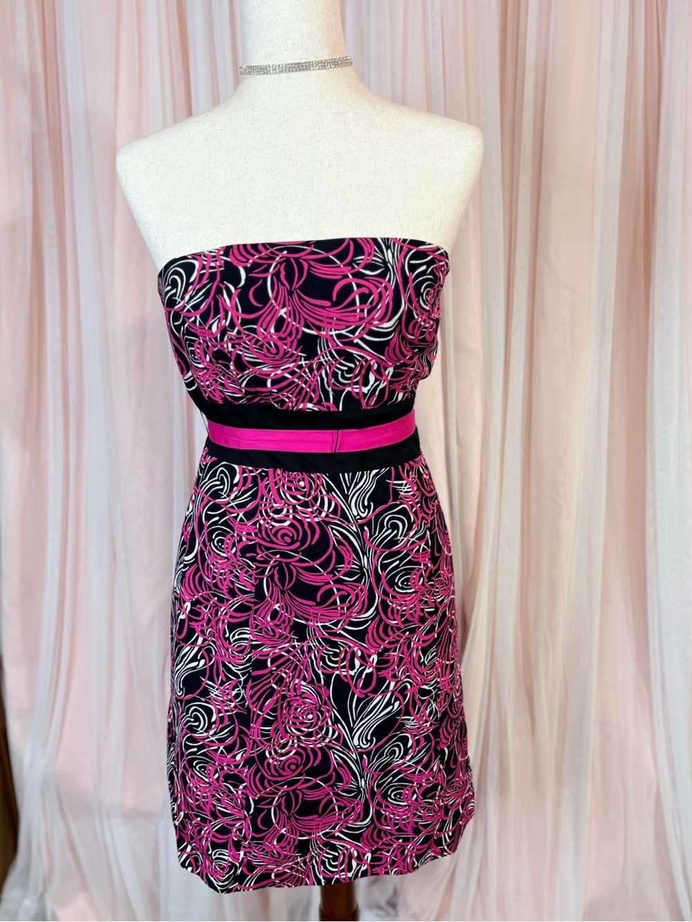 LOFT Strapless Black Dress with Hot Pink Floral Swirl